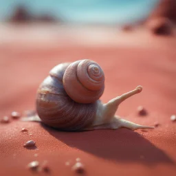 elongated gremlin female snail witch on the red sand beach ,bokeh like f/0.8, tilt-shift lens 8k, high detail, smooth render, down-light, unreal engine