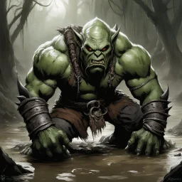 In the murky depths of the mud, a crouching orc lurks, muscles coiled like tightly wound springs, ready to pounce on his prey. His eyes gleam with a feral intensity, scanning the horizon for any sign of movement. The stench of decay hangs heavy in the air, mingling with the acrid scent of blood and sweat. The orc's thick, gnarled fingers dig into the soft earth, his claws leaving deep gouges in the mud. Every sinew of his powerful frame tenses, anticipation thrumming through his veins like a dr