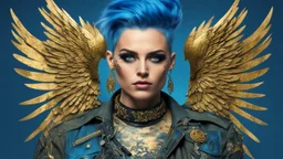 beautiful Punk woman Angel 30 years old, military clothing, mystical, bright colors, creative hairstyle, tattoo, piercing, photorealistic image, military, camouflage clothing, gold, blue, sparkles, fine rendering, high detail, 8K