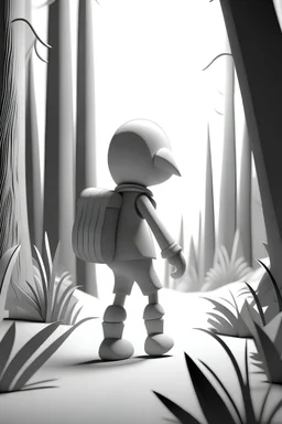 ambient occlusion render of bird character hiking in forest