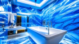 Woman in a luxurious bathroom features floor-to-ceiling white marble walls with delicate grey veining. A rectangular white porcelain floating bathtub is mounted in the center of the room, illuminated by blue LED lights positioned underneath the tub. The ceiling is completely open to the night sky, creating a viewing area above the bathtub. The marble floor matches the wall pattern, with a thin layer of water reflecting the night sky. Interior architectural photography with dramatic lighting and