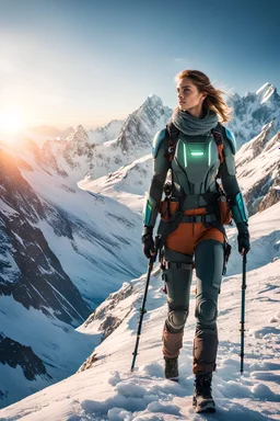 Portrait of a female android traveling with female human , hiking on the mountains , frozen mountains at sunset in the background , natural colors, dynamic light and shadow, very detailed scene with intricate details, realistic, natural colors ,perfect composition, insanely detailed 32k artistic photography, photorealistic concept art, soft natural volumetric light