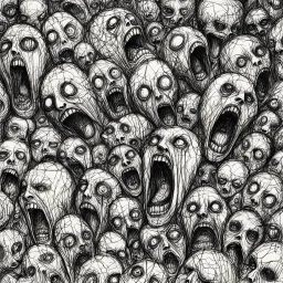 sketch line, rought, of faces on a pages, screaming and sad, demented, mad, journal