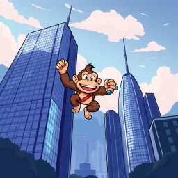 vector Cartoon Donkey Kong gluing two skyscrapers together by kaws
