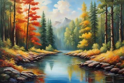 oil painting panorama forest and water full range of colors