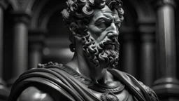 Marcus Aurelius, Stoic warrior statue strong, looking at the camera, angry face, half body, 8k, Marcus Aurelius style, cinematic, high resolution, detailed, ultra realistic, good anatomy, backround cinematic dark, black and white still, digital Art, perfect composition, beautiful detailed intricate insanely detailed octane render trending on artstation, 8 k artistic photography, photorealistic concept art, soft natural volumetric cinematic perfect light, chiaroscuro, award - winning photograph,