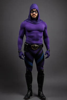 full-length, A portrait of a the Phantom, a man with piercing blue eyes, a chiseled jaw, goatee, timeless face, stern expression, Wearing a tight fitting purple cotton hero suit with a cowl that fits tight to his head, but does not cover his face, he wears a thin, black leather, bandit eye disguise over his eyes, black and blue diagonally striped trunks, dual-holstered pistol belt adorned with a triangle skull-shaped buckle with leg straps, Knee-high black leather boots