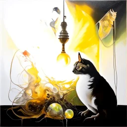 Abstract painting formed by a mix of human flesh-like surgical instruments and universe-like neuralink, a cat looking at a pigeon inside a huge bulb between light and shadow at dusk,surrealism,minimalism,Painting By Adrian Ghenie, Rene Magritte, Salvador Dali, Lucian Freud