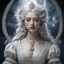 The moonlight illuminates herThe amulet protects her from all sins committed against her., in rococo art style hair, turning it a pure, silvery white, in rococo art style