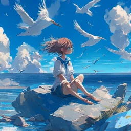 A girl is sitting on the edge of the rocks by the seashore and is meditating. The sky is blue with beautiful clouds and seagulls flying, digital art, anime, 4k, full details