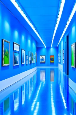 A museum of paintings with blue walls and a white floor