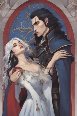 A couple from the dnd game curse of Strahd. The woman has long white hair and blue eyes, the man has LONG BLACK hair and red eyes, no facial hair. KISSING