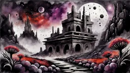 Ink wash painting , grunge, rust, detailed, gray, black, almond, light red colors, stone ruins on old planet, fantasy style, close up black purple and silver weird alien flowers , splash art, stonecrop wall, dreamy, surreal sci-fi mood, foggy lights, detailed, high textures, high contrast, masterpiece