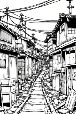 Tokyo shanty town, line arts, manga style