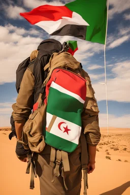 Al-Fanah in the middle of the African desert wearing an Algerian flag and a sophisticated backpack