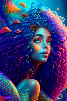 mermaid woman with fish tail, curly hair. against the background of a psychedelic trip with eyes and mushrooms, cinematic, 8k resolutions,