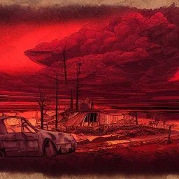  line Art coloured, destroyed, post apocalyptic, darkred tones,