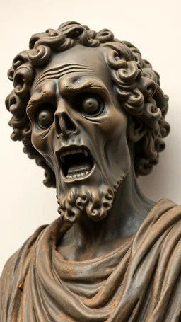 Ceramic style statue all colours are dark of an old church man from the 1000 BC in it a whole body and the head of dead man with thick curly hair and his eyes are open wide and open mouth with rage ,