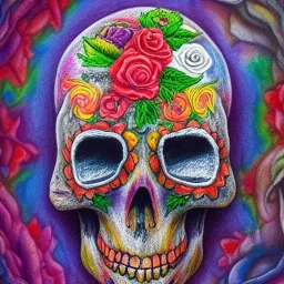 high-quality, fine-detail melted crayon drawing of realistic Day of the Dead skull sculpture with flowers, artwork, 8k, intricate, detailed, illustration, brian froud, howard lyon, george grie, ben goossens, anna dittman, jeffrey robert, don marco