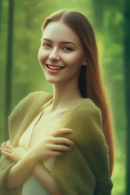 Beautiful smile of feminine girl in the forest in the 9AM in the morning ín 24K Resolutions, super HD, Professional PHOTOGRAPHY