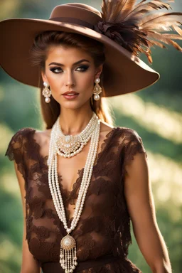 full body beautiful girl, elegant brown lace clothes of the 80s, luxury style, small elegant hat with feather, hair of the 80s, pearl necklace, earrings masterful, beautiful face