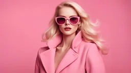 Fashionable blonde woman in pink coat and sunglasses posing on pink background. Fashion woman cloth flyer design. Beauty, fashion. Advertisement concept with wide copy space for text.