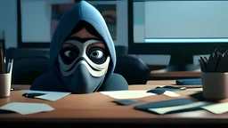 A woman with a mask over her mouth is sitting behind a desk in the middle with the upper half visible, her hands on the desk and she is looking at you, hyper realistic, 8k, ultra hd, pixar style, disney stile