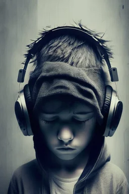 Cute boy with hidden face with music