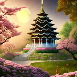 A beautiful temple in the Zapany style on a green mountain and full of cherry trees with spring pink blossoms, the golden bells of the temple ring and announce the full moon at night. High quality,high details, hd, hyper details,