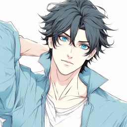 An handsome man with messy black hair and blue eyes, wearing casual, modern attire, colored manga style, intricately detailed,