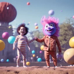 Ultra realistic circus scene. Sweet hair monster and Child’s playing, smile, happy, color bubbles, smooth color, waist up view, Wes Anderson style, dark ambient, highly detailed, concept art, unreal engine 5, god rays, ray tracing, RTX, lumen lighting, ultra detail, volumetric lighting, 3d, finely drawn, high definition, high resolution.