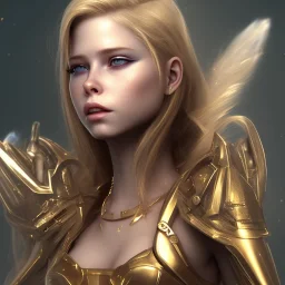 perfect face avril lavigne, golden eyes,dress armor athena, golden, particle fog, cloud, smoke