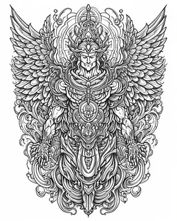 realistic god tattoo idea, line art, background, vector, svg, black outline on white background, leave plenty of white space beetween lines for coloring, tattoo style, tattoo idea,full body