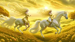 Fantasy digital art: fairies with golden hair, and white dresses descend from fluffy clouds towards a meadow with brown horses