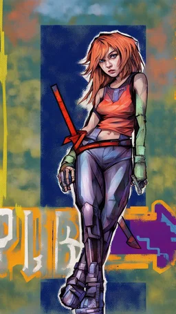 teen woman in retro-futurist cyberpunk costuming with pants and sheathed swords leaning to the side with shoulder against a brick pillar, add a background of brick with graffiti of a large arrow pointing to the right and text of the word "PUB" on lower left