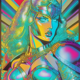 Mujer guerrera en armadura holográfica de vidrio psicodelia por MTV. Dibujo estilo comic pulp de 1980, barbaros. Carta coleccionable.