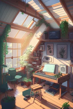 An attic with a lot sof plants on the desk, and MIDI keyboard beside it close to a cmoputer in the morning sun it has an Android tablet with scores and a game and Pen to draw, there is huge windows in the ceiling and at the huge wooden desk that sits 90 degree to the keyboard with a stool. There is lots of legos, a guitar, a skateboar and a mobile phone, lots of big plants and windows in the ceiling, a computer on thee desk ifront of the huge window, focus on the desk aside the piano