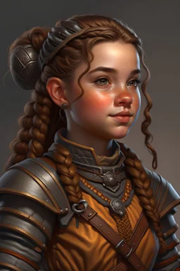 a realistic pretty dnd halfling with brown hair in braids and heavy armor