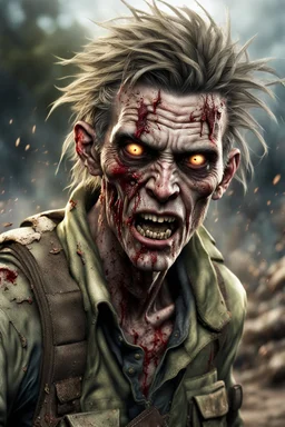 photorealistic, digital image, 12k ultra high definition, highly detailed,cool looking zombie with human features ,he is a wildlife ranger, ripped ranger clothing,nail scratches,wiild hair, close-up action shot of him, mysterious , exploding dramatic and chaotic background