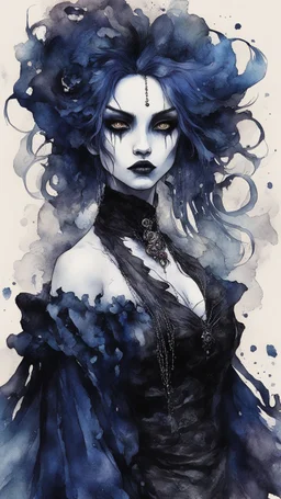 an deeply abstract ink wash and watercolor illustration of a Goth vampire girl with highly detailed hair and facial features , in the abstract expressionist style, indigo and jasper, ragged and torn Victorian costumes, hard , gritty, and edgy depictions, full body, fullshot, vibrant forms, Shironuri and Mori Kei aesthetic, ethereal, otherworldly