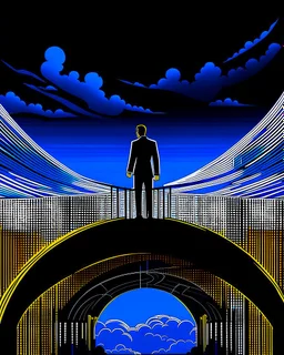 Stylized illustration, dark blue background. A man in a dark suit stands confidently on the side of a bridge made of golden bars. The bridge arches over a dark blue void, leading towards a swirling, dynamic and energetic cloud that represents AI. Cyborg's hand emerges from the cloud, extending towards the man and beckoning him with a welcoming gesture. The determined man looks at the hand with anticipation and hope. The overall design is clean and modern, contrasting colors and dynamic lines