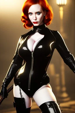 Christina Hendricks dressed in black leather catsuit, with a whip in her hand, inside a dungeon, busty, cleavage, angry, stern look, volumetric lighting, particales,highly detailed,cinematic, deep colours,8