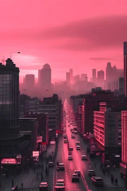 busy city with pink sky