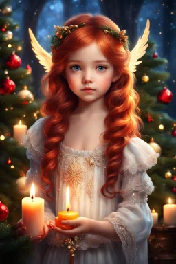 a little girl holding a candle in front of a christmas tree, beautiful fantasy art portrait, holding a candle, beautiful fantasy portrait, beautiful fantasy painting, long glowing red hair, very beautiful fantasy art, candle lights, very beautiful digital art, beautiful gorgeous digital art, candle light, realistic cute girl painting, beautiful angel girl portrait, candle, beautiful anime portrait