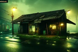 old repair shop on the side of the road,night lighting,rainy, realistic, unity engine, cinematic lighting,green emession, octane render.