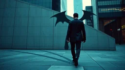 a high realistic photo from a business man walkings on street own shadow as devil walking behind man on big wall , modern city, weird atmosphere.detalied, sharp focus, surreal mood, thriller, dark dream