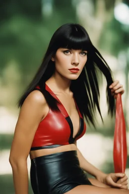 full color Portrait of 18-year-old Lenna Nimoy, with long, straight black hair, the bangs cut straight across the forehead, with a red leather bikini on - well-lit, UHD, 1080p, professional quality, 35mm photograph by Scott Kendall