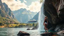 a picturesque natural landscape that includes majestic mountains and a serene countryside. Additionally, incorporate details about a stunning, large waterfall that enhances the beauty of the scene. The output should be structured as a narrative, painting a clear image with rich, descriptive language that evokes the sights and sounds of this beautiful environment water fall falls to a big sea with modern ship in it.a fullbody lady inOne Piece - Athletic Swimsuit,and dive head wear