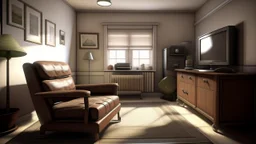 Photorealistic wide shot of an old woman's living room with white walls. Tidy and sparsely furnished with just one well-loved comfy leather recliner, side table and older tv. The recliner, at the long end of the room sits to one side and faces the tv. A small stool on wheels sits beside the tv. There is an open window with open drapes. The drapes appear to be hand sewn and tidy. The room feels empty and is bright but slightly desaturated.