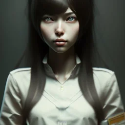 Japanese girl with big brown eyes and long black hair with bangs, cute, beautiful, high quality, insane detail, by Greg Rutkowski, straight bangs